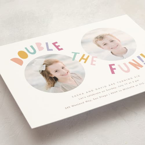 This is a sherbet kids birthday invitations with standard by Creo Study called double the fun printing on signature in postcard