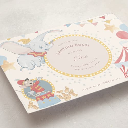 This is a sugar kids birthday invitations with standard by Teju Reval called disney's dumbo printing on signature in postcard