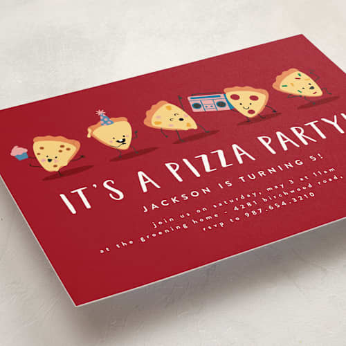 This is a tomato kids birthday invitations with standard by Katie Zimpel called it's a pizza party printing on signature in postcard