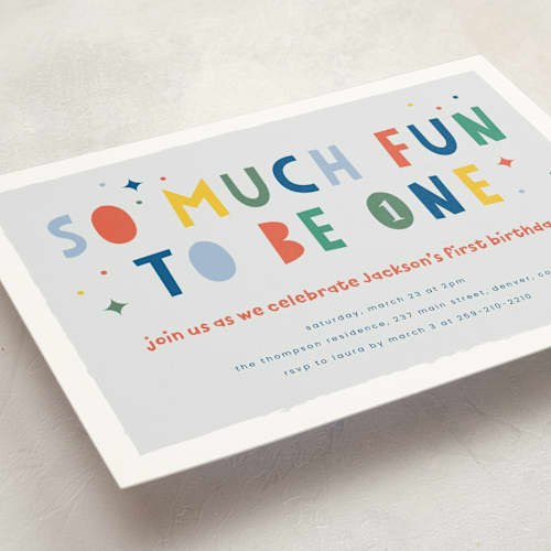 This is a dino kids birthday invitations with standard by Ashlee Townsend called one is so fun printing on signature in postcard