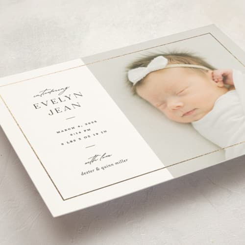 This is a pearl birth announcement postcards with foil pressed by Pixel and Hank called sweetheart printing on signature in postcard