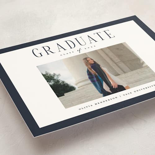 This is a navy graduation announcements with standard by Christy Hy Lee called classic layout printing on signature in petite