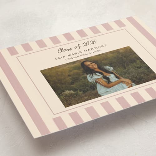 This is a blush graduation announcements with standard by Ani Somi called grad stripes printing on signature in petite