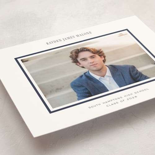 This is a navy graduation announcements with standard by Jennifer Wick called collegiate line printing on signature in postcard