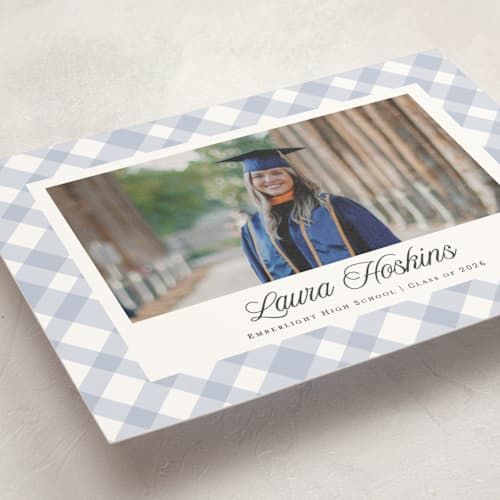 This is a powder graduation announcements with standard by Kampai Designs called gingham printing on signature in postcard