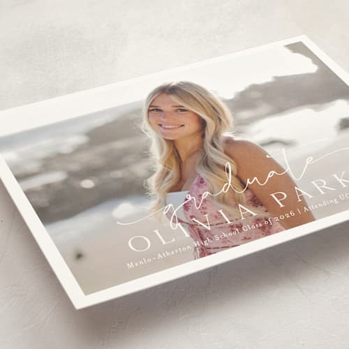 This is a snow graduation announcements with standard by Sarah Curry called graduate script printing on signature in postcard