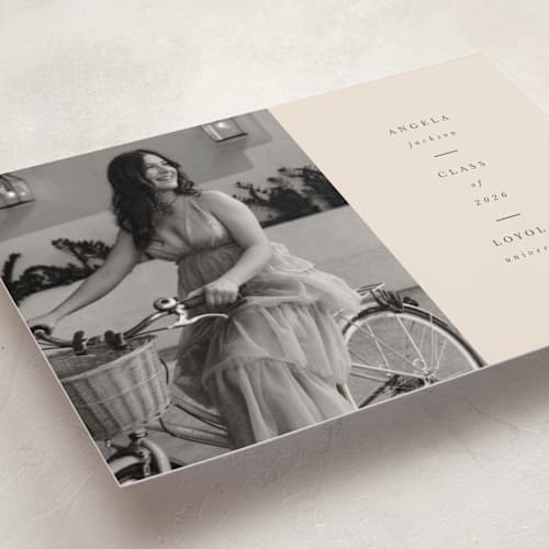 This is a champagne graduation announcements with standard by lori jacobs wemple called simplicty printing on signature in postcard