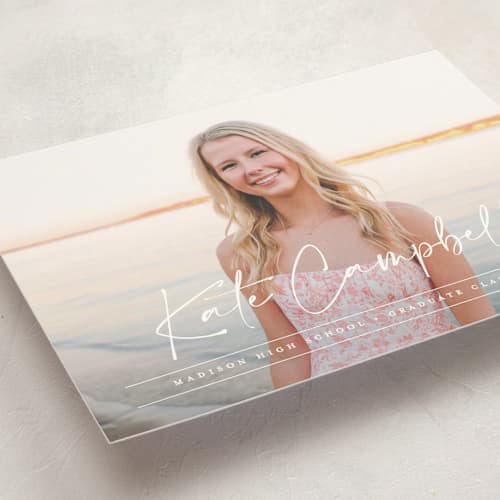 This is a linen graduation announcements with standard by Erica Krystek called signature grad printing on signature in postcard