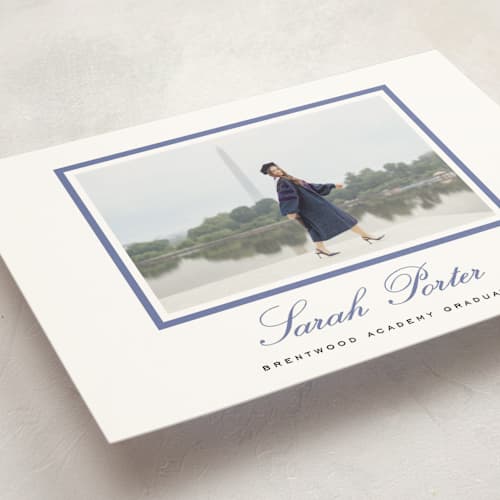This is a indigo graduation announcements with standard by Sara Hicks Malone called longwood printing on signature in postcard
