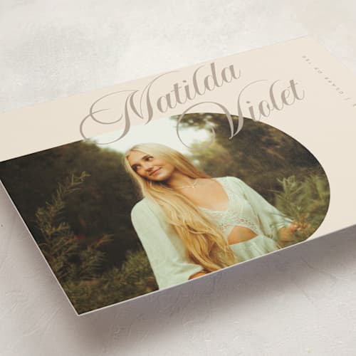 This is a almond graduation announcements with standard by Morgan Kendall called modern curves printing on signature in postcard