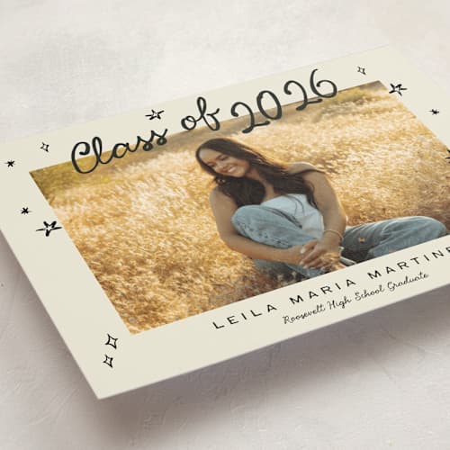 This is a cream graduation announcements with standard by Ani Somi called for the stars printing on signature in postcard
