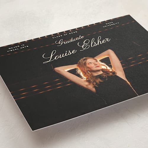 This is a champagne graduation announcements with standard by Pati Cascino called teather printing on signature in postcard