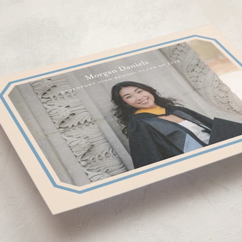 This is a robins egg graduation announcements with standard by Carolyn MacLaren called angled frame printing on signature in postcard