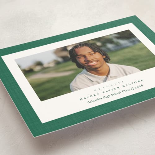 This is a shamrock graduation announcements with standard by Lea Delaveris called linen frame printing on signature in postcard