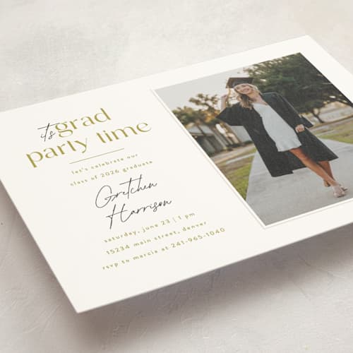 This is a marigold graduation invitations with standard by Ashlee Townsend called grad party time printing on signature in petite