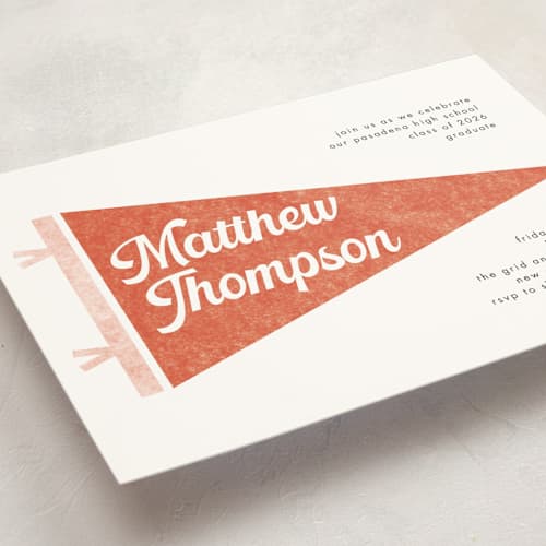 This is a cardinal graduation invitations with standard by Catherine Culvenor called pennant party printing on signature in petite