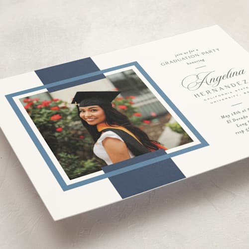 This is a navy graduation invitations with standard by Owl and Toad called preppy frame printing on signature in petite