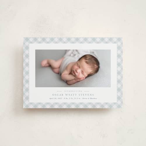 This is a sky petite birth announcements with standard by Lea Delaveris called checked printing on recycled smooth signature in petite