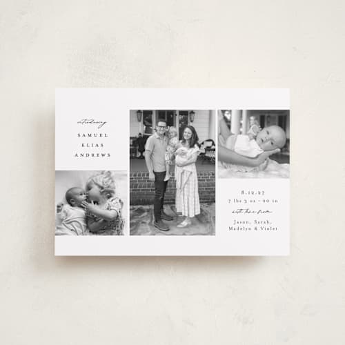 This is a noir petite birth announcements with standard by Emily Betts called three printing on recycled smooth signature in petite