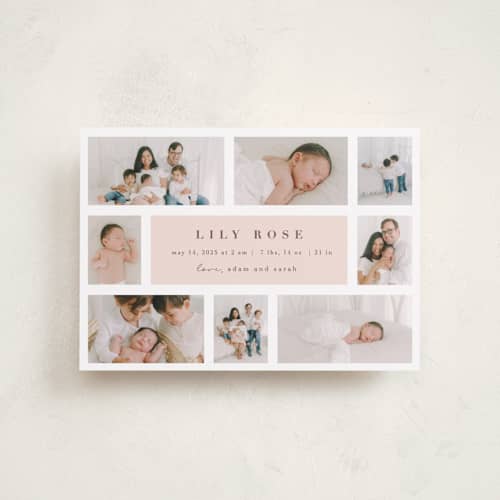 This is a blush petite birth announcements with standard by Maria Alou called family album printing on recycled smooth signature in petite