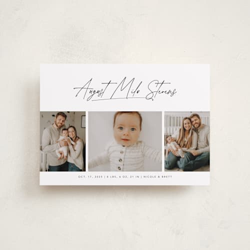 This is a cloud petite birth announcements with standard by Lea Delaveris called me times three printing on recycled smooth signature in petite