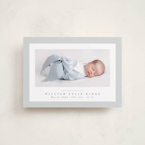 This is a powder petite birth announcements with standard by Lea Delaveris called linen frame printing on recycled smooth signature in petite