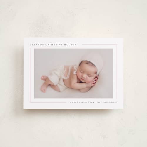 This is a blush petite birth announcements with standard by Lauren Chism called simply serene printing on recycled smooth signature in petite