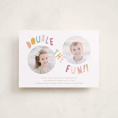 This is a sherbet petite kids birthday invitations with standard by Creo Study called double the fun printing on recycled smooth signature in petite