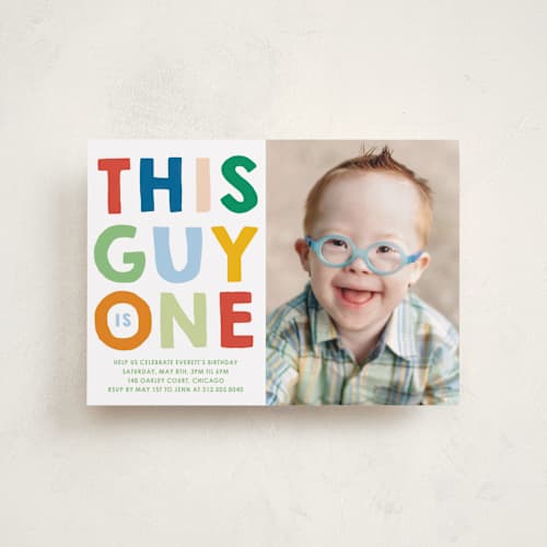This is a spectrum petite kids birthday invitations with standard by Baumbirdy called this guy printing on recycled smooth signature in petite