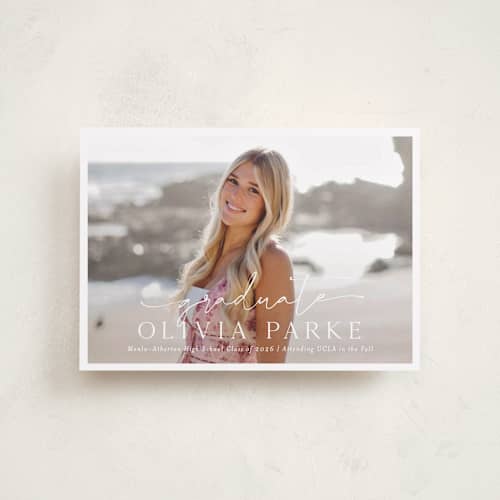 This is a snow graduation announcements with standard by Sarah Curry called graduate script printing on recycled smooth signature in petite