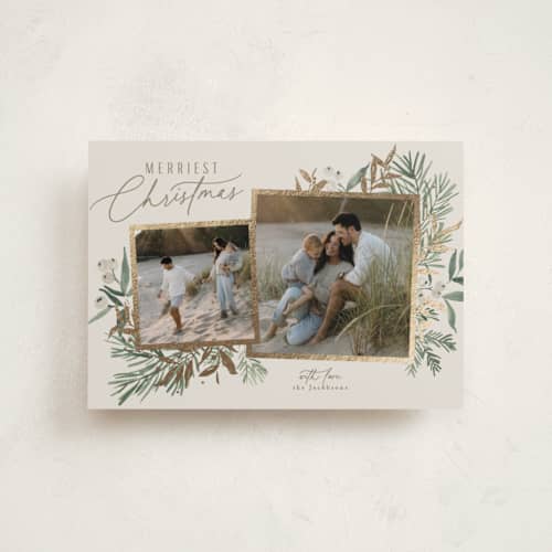 This is a ash petite holiday cards with foil pressed by Everett Paper Goods called pine duo printing on recycled smooth signature in petite