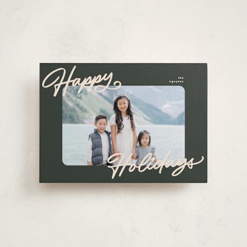 This is a olive petite holiday cards with standard by Pixel and Hank called the classic printing on recycled smooth signature in petite