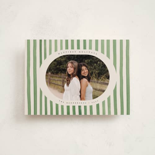 This is a evergreen petite holiday cards with standard by Teju Reval called vintage stripes printing on recycled smooth signature in petite