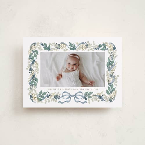 This is a blueberry petite holiday cards with standard by Jackie Crawford called watercolor bow garland printing on recycled smooth signature in petite