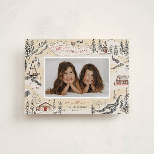 This is a eggnog petite holiday cards with standard by Becky Nimoy called snow and ivory winter scene printing on recycled smooth signature in petite