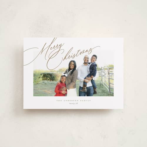 This is a golden petite holiday cards with standard by Jessica Williams called topper printing on recycled smooth signature in petite