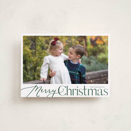 This is a evergreen petite holiday cards with standard by Carolyn MacLaren called merry mix printing on recycled smooth signature in petite