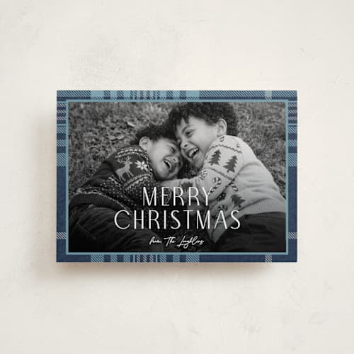 This is a navy petite holiday cards with standard by Annie Holmquist called foiled plaid printing on recycled smooth signature in petite