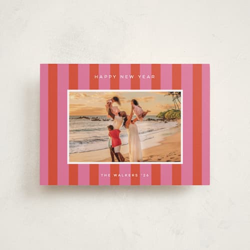This is a strawberry petite holiday cards with standard by Morgan Kendall called cabana printing on recycled smooth signature in petite