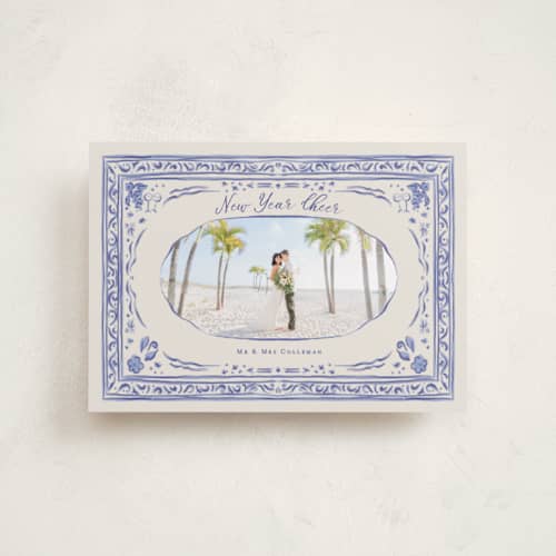 This is a blue joy petite holiday cards with standard by Lucrecia Caporale called cheerful frame printing on recycled smooth signature in petite
