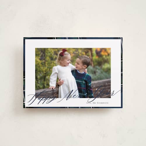 This is a navy petite holiday cards with standard by Cindy Reynolds called yule plaid printing on recycled smooth signature in petite