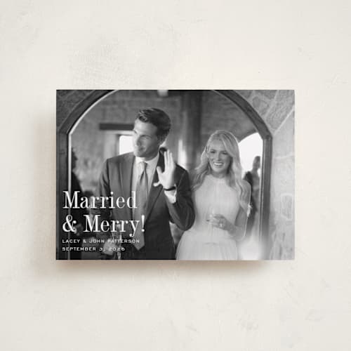 This is a snow petite holiday cards with standard by Megan Davis called eternally merry printing on recycled smooth signature in petite