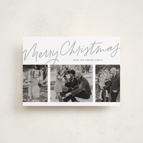 This is a sage petite holiday cards with standard by Lea Delaveris called we three printing on recycled smooth signature in petite