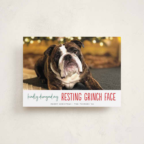 This is a snowball petite holiday cards with standard by Erica Krystek called grinch face printing on recycled smooth signature in petite