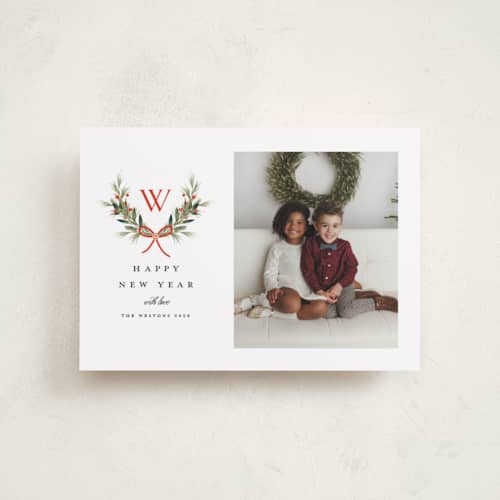 This is a cardinal petite holiday cards with standard by Melanie Kosuge called monogram wreath printing on recycled smooth signature in petite
