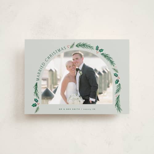 This is a sage petite holiday cards with standard by Hooray Creative called a married christmas printing on recycled smooth signature in petite