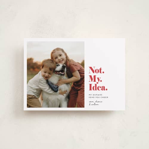 This is a bright red petite holiday cards with standard by Penny Eversole called not my idea pet card printing on recycled smooth signature in petite