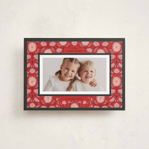 This is a poinsettia petite holiday cards with standard by Julie Murray called cottage floral printing on recycled smooth signature in petite