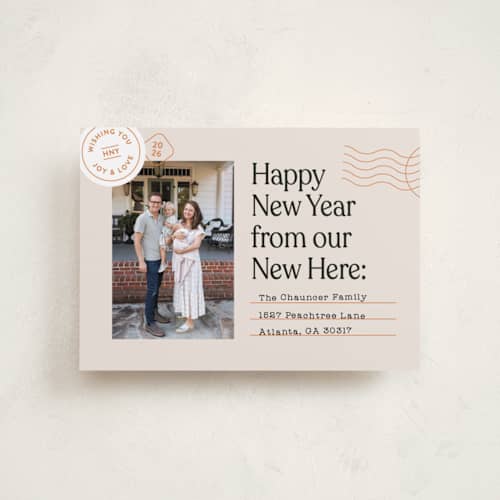 This is a champagne petite holiday cards with standard by Shari Margolin called new here printing on recycled smooth signature in petite