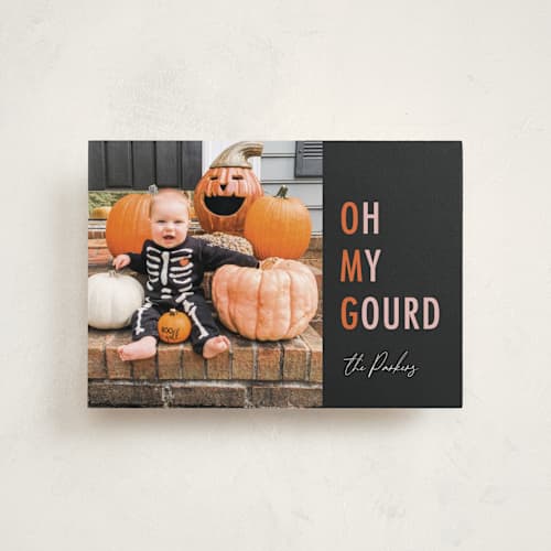 This is a pumpkin halloween party invitations cards with standard by Dawn Pope called oh my gourd printing on recycled smooth signature in petite